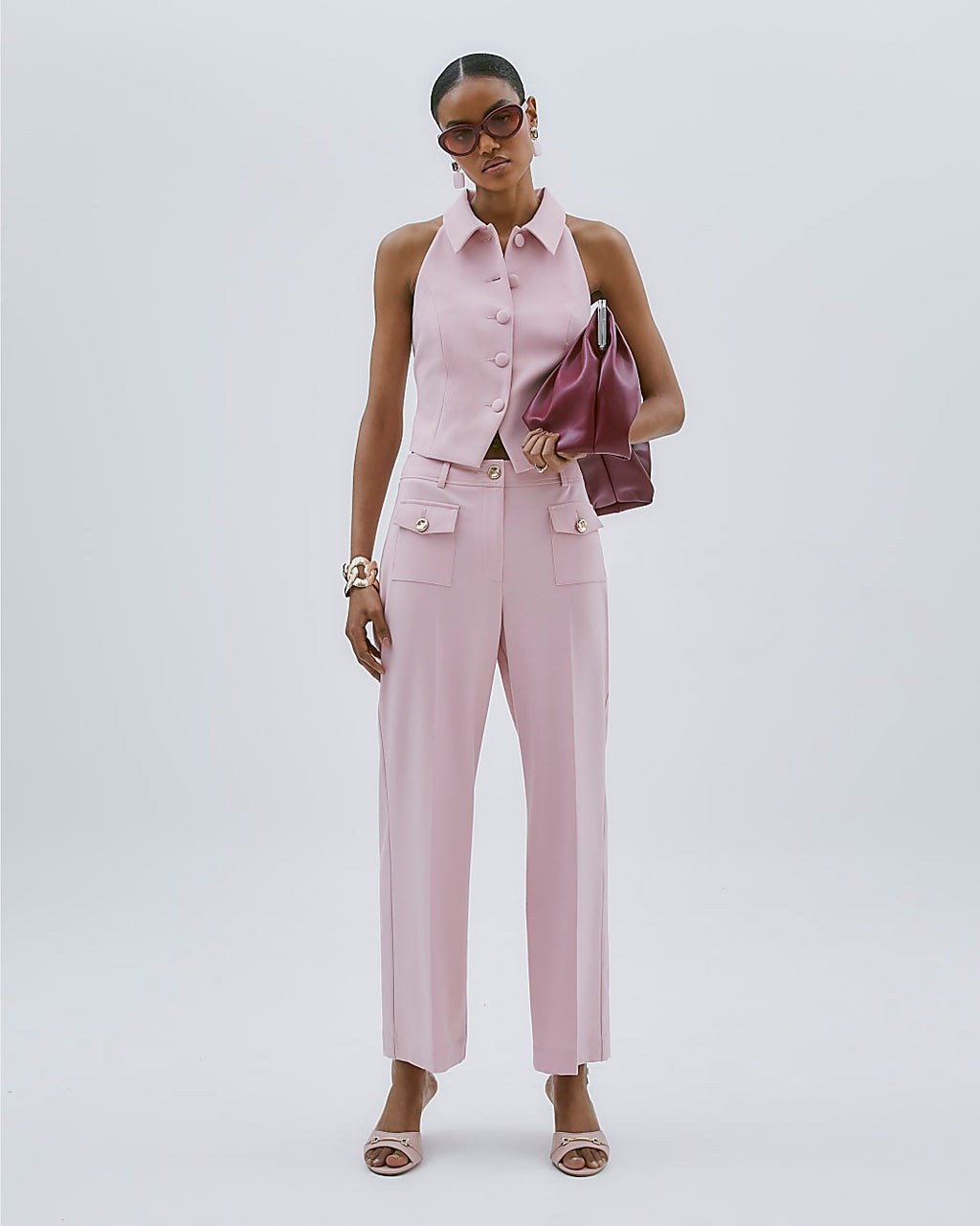 Pale Pink Button Front Straight Leg Trousers