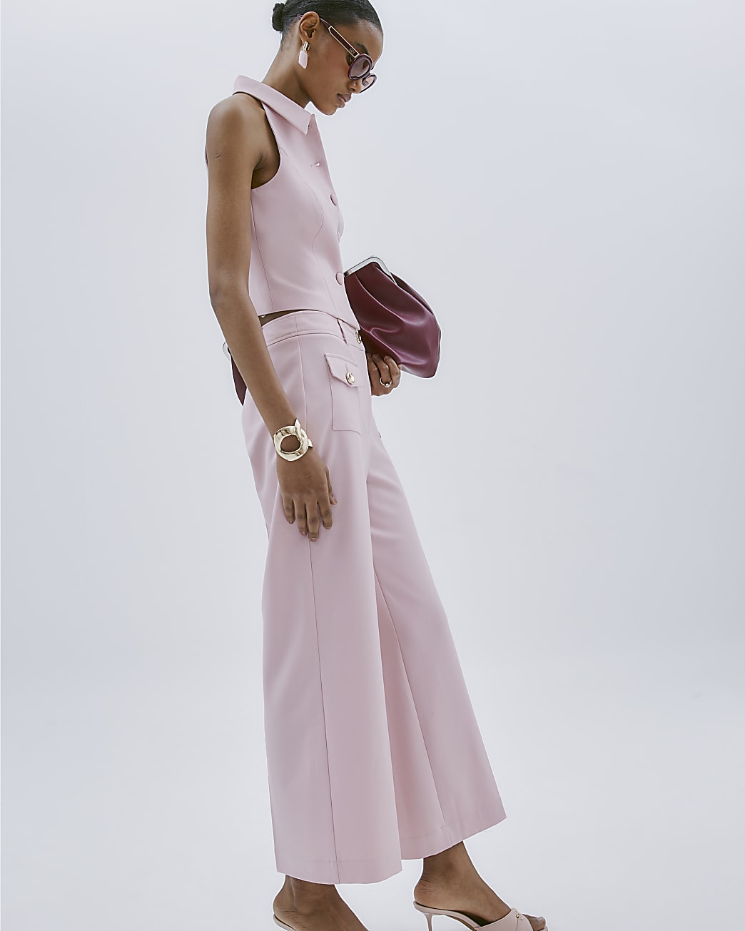 Pale Pink Button Front Straight Leg Trousers