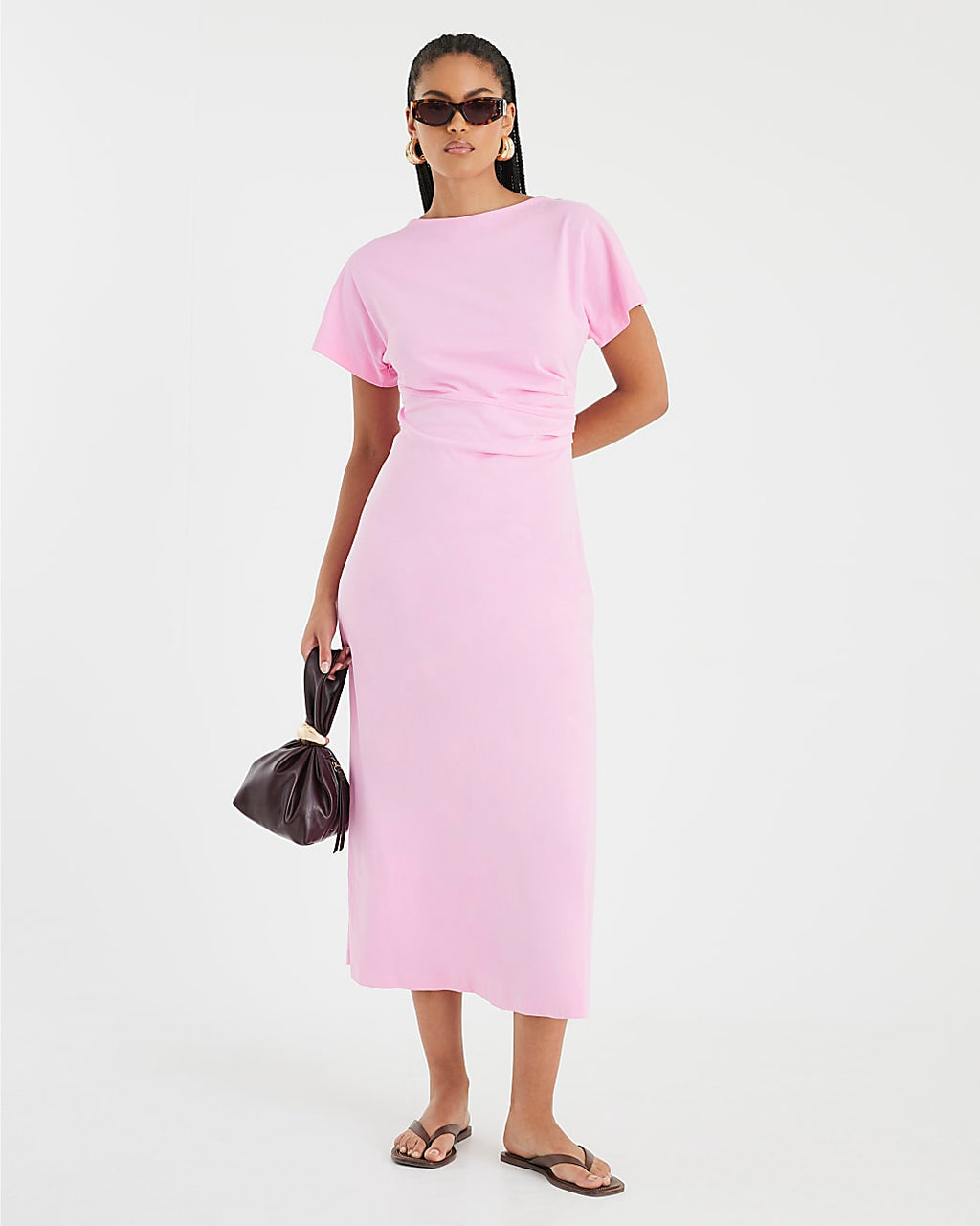 Short Sleeve Drape Side Midi Dress