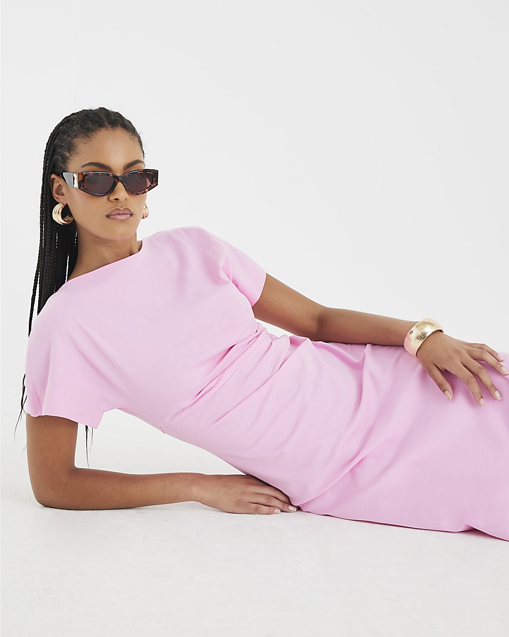 Short Sleeve Drape Side Midi Dress