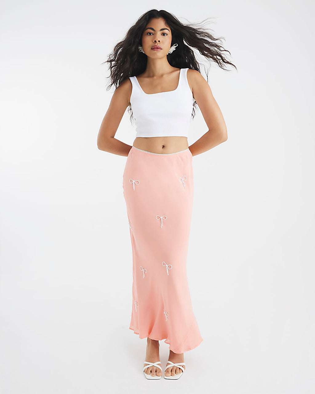 Patel Pink Bow Embellished Satin Midi Skirt
