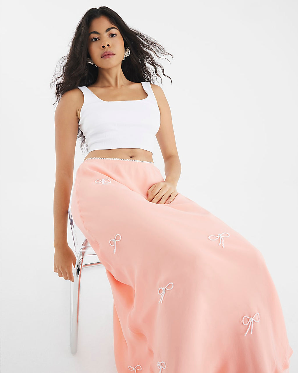 Patel Pink Bow Embellished Satin Midi Skirt