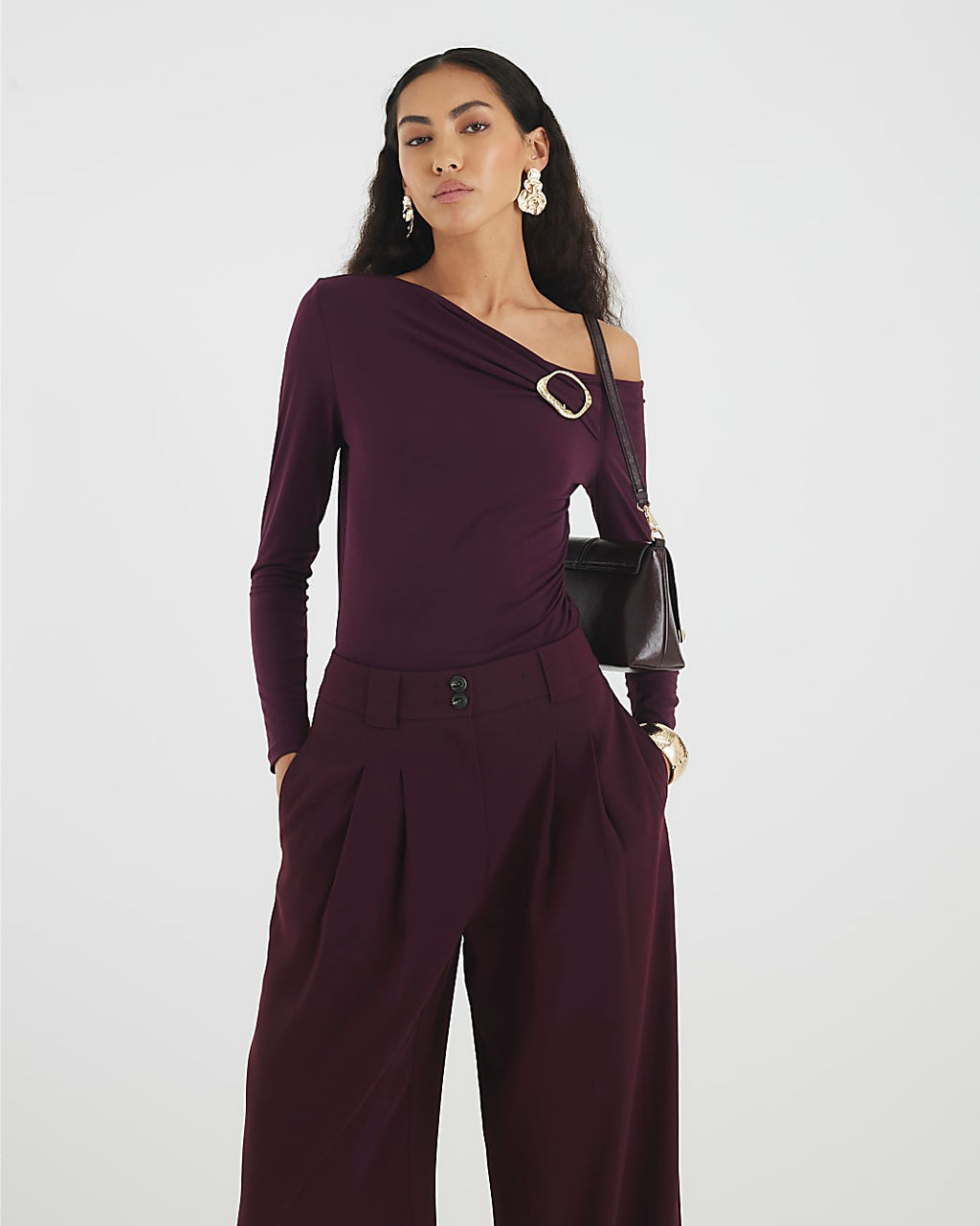 Red Long Sleeve Gold Trim Drape Top
