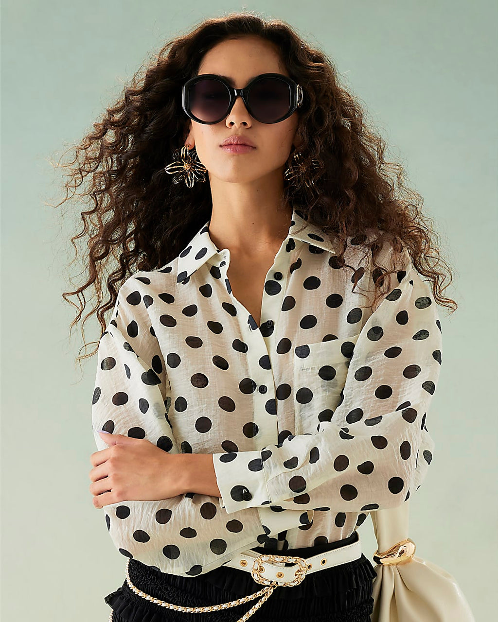 White Long Sleeve Oversized Polka Dot Shirt