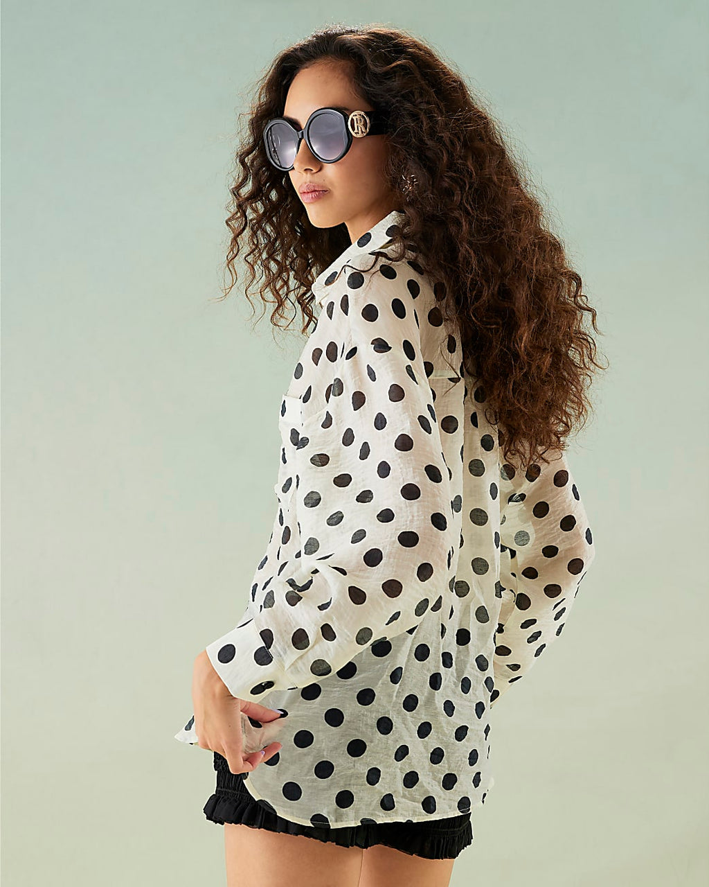 White Long Sleeve Oversized Polka Dot Shirt