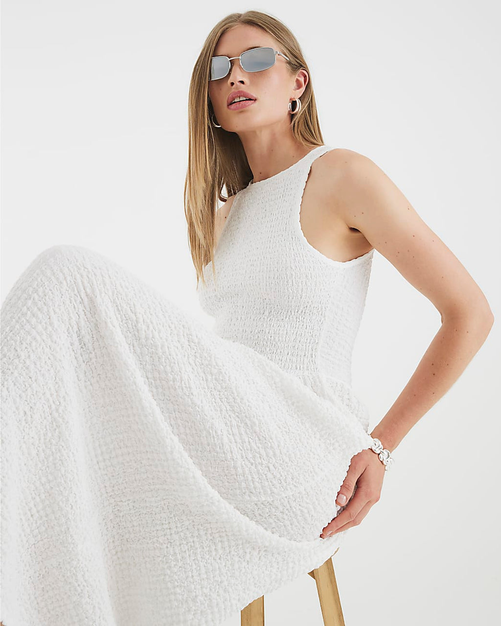Textured Sleeveless Shirred Midi Dress
