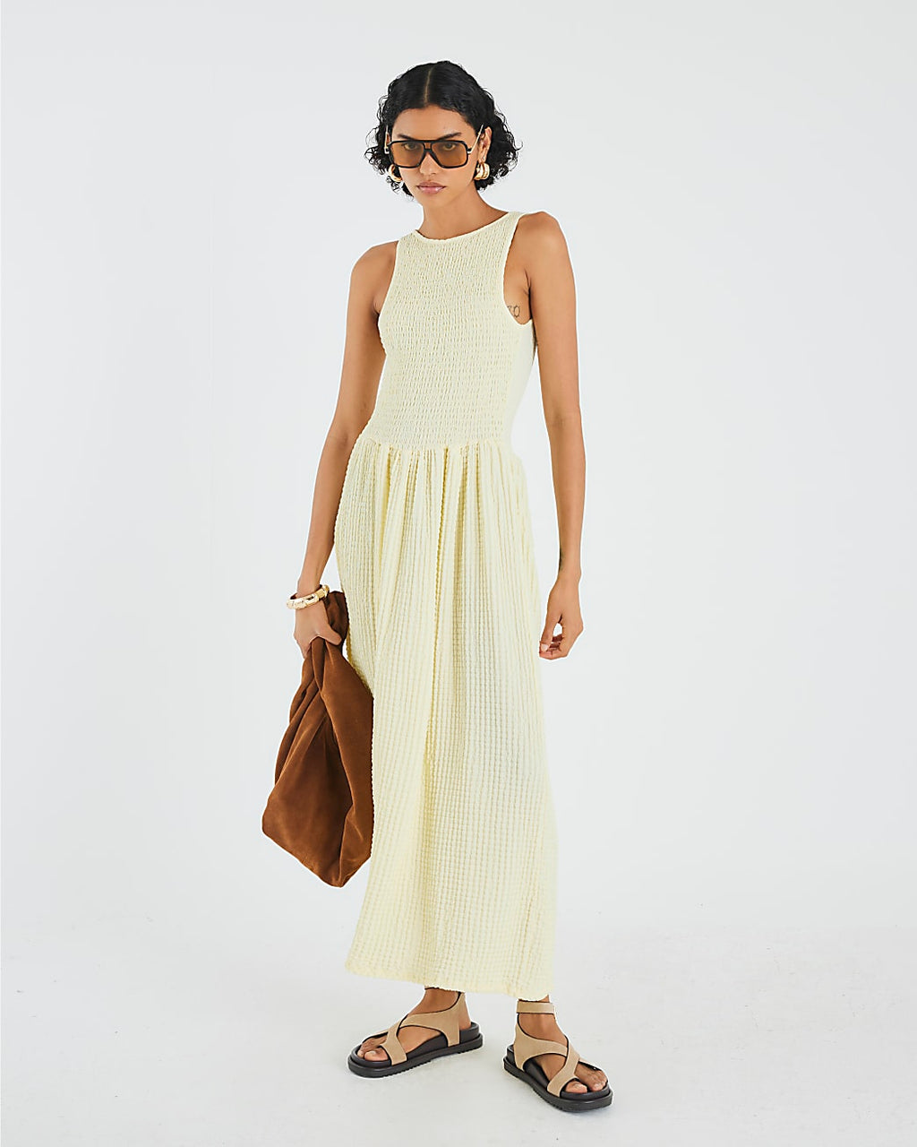 Textured Sleeveless Shirred Midi Dress