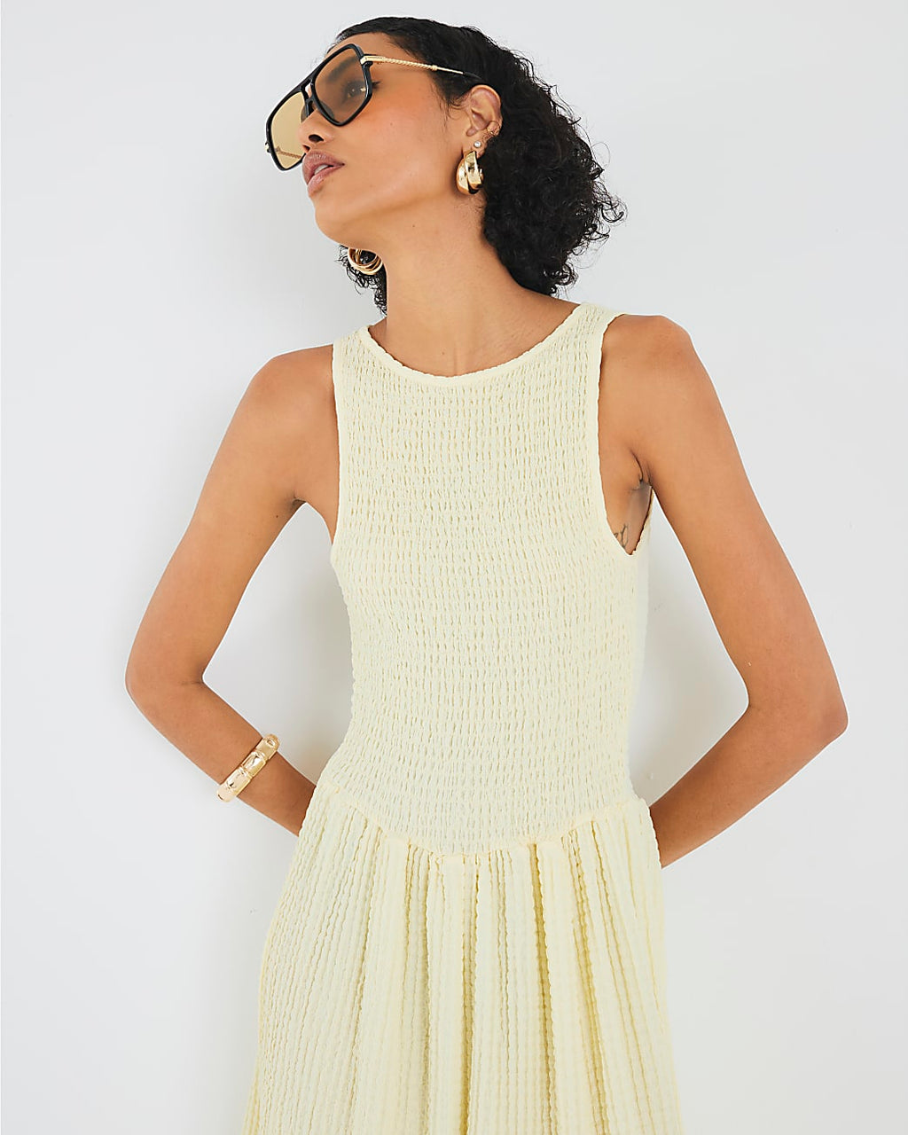 Textured Sleeveless Shirred Midi Dress
